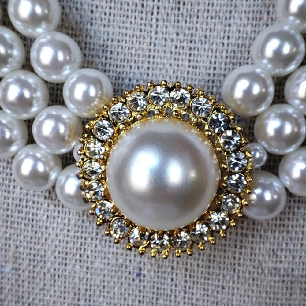 Three 3 Strand Faux Pearl Gold Tone Collar Bib Necklace Clear Rhinestones EUC